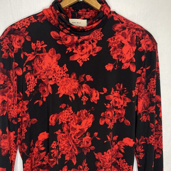 DIANA BELLE Blouse Floral Long Sleeve Turtleneck Stretch Womens XL Black Red - Picture 9 of 11